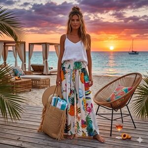 True Destinations Resortwear Tropical Palazzo Pants XL Smocked Marine CabanaLife